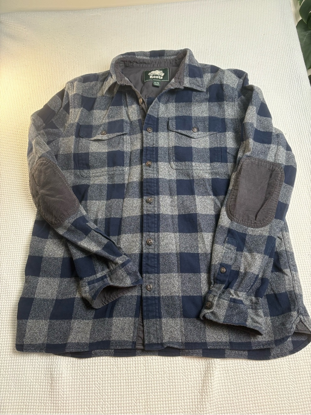Roots Men's Navy and Gray Plaid Shirt Jacket with Elbow Patches